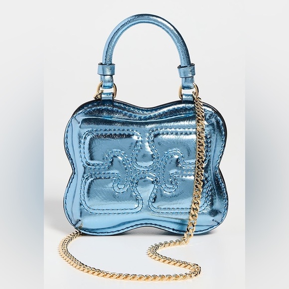 Ganni Shiny Blue Mini Bag with Gold Chain